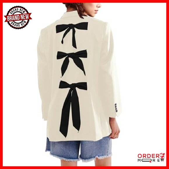 Large Oversized Blazer with Bow Tie Lapel Front Button Office Jacket - Picture 2 of 4